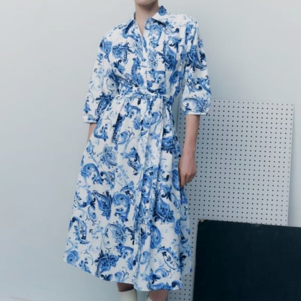 Zara 100% Cotton Button Up Shirt Dress Paisley/Floral Blue and White Print L